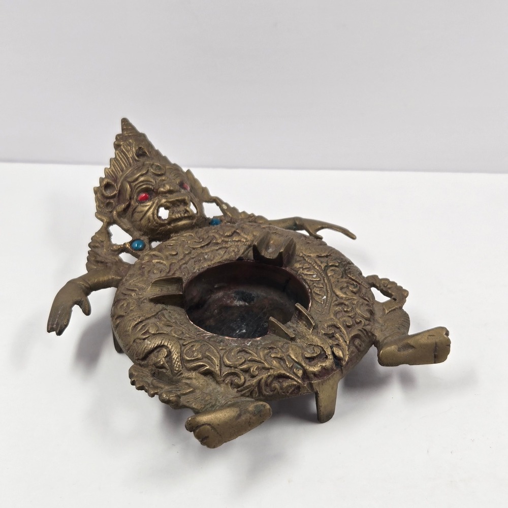 Vintage Brass Tibetan Deity Ashtray Mahakala Barong Dragon Inset Stones 7 Inch.